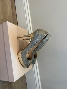 Jimmy Choo Silver Glitter Platform Peep-Toe Heels
